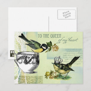 To the Queen of my heart. Vintage Birds Collage Holiday Postcard