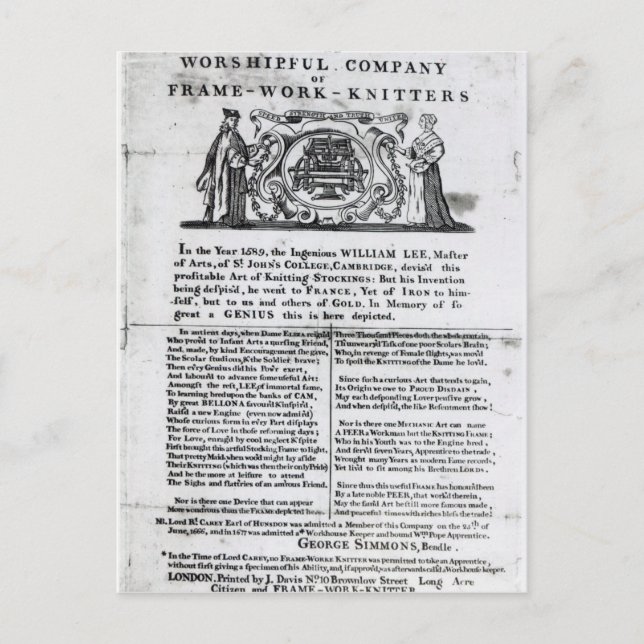 To the Worshipful Company of Frame-Work-Knitters Postcard (Front)