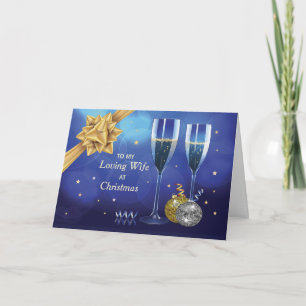 To Wife at Christmas Champagne and Gold Look Bow Card