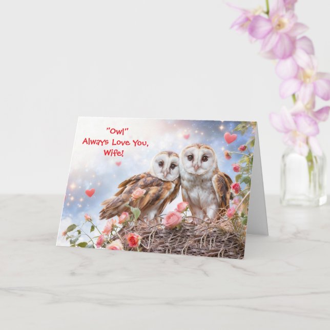 To Wife Cute and Fun Owl Valentines Day Card (Orchid)