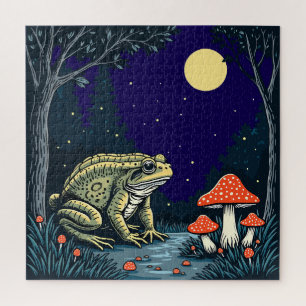 Toad Foraging Toadstools In A Moonlit Woodland Jigsaw Puzzle