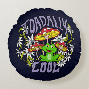 Toadally Cool Colourful floral and frog typography Round Cushion