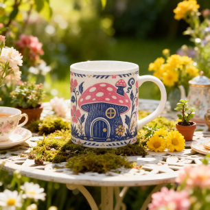Toadstool Mushroom Cottage Folk Art Fairy Large Coffee Mug