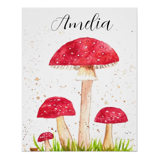 Toadstool Mushroom Forest watercolor Red Nature Poster (Front)