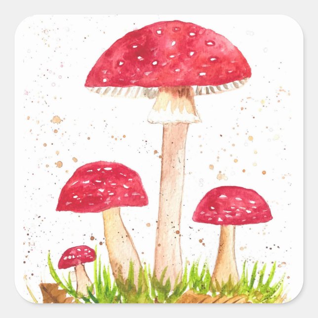 Toadstool Mushroom Forest watercolor Red Nature Square Sticker (Front)