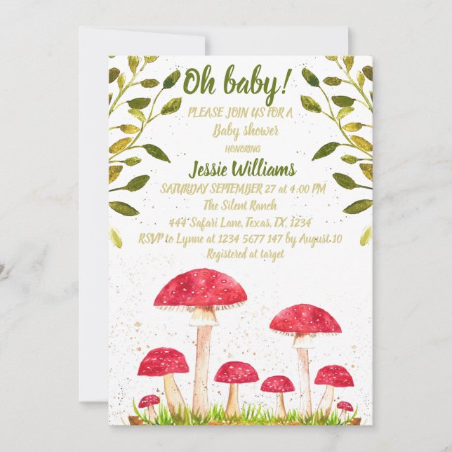 Toadstool Mushroom Watercolor Nature Baby Shower Invitation (Front)