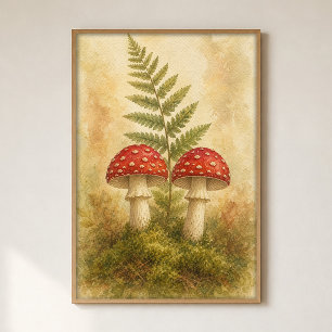 Toadstool Pair in Moss Watercolour Poster