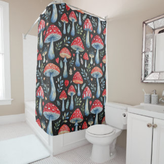 toadstool story in watercolor pattern throw pillow shower curtain