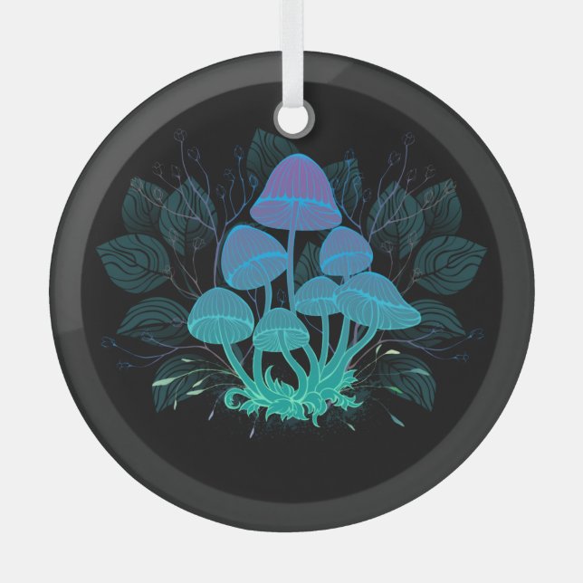 Toadstools in Bushes Glass Tree Decoration (Front)