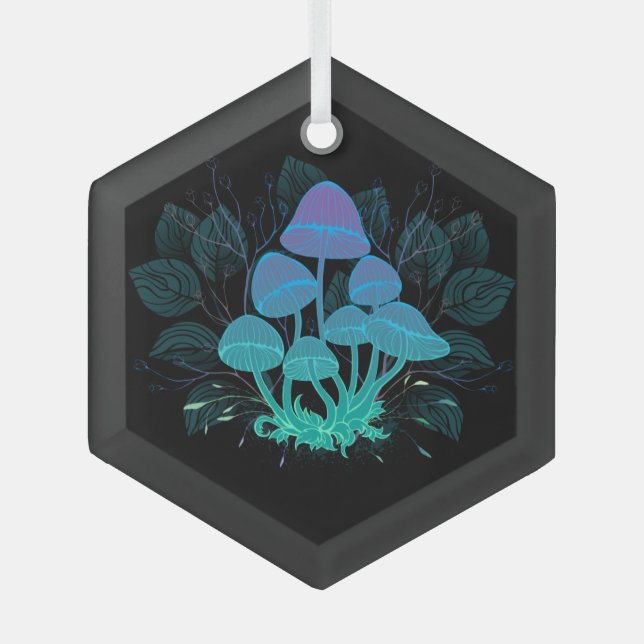 Toadstools in Bushes Glass Tree Decoration (Front)