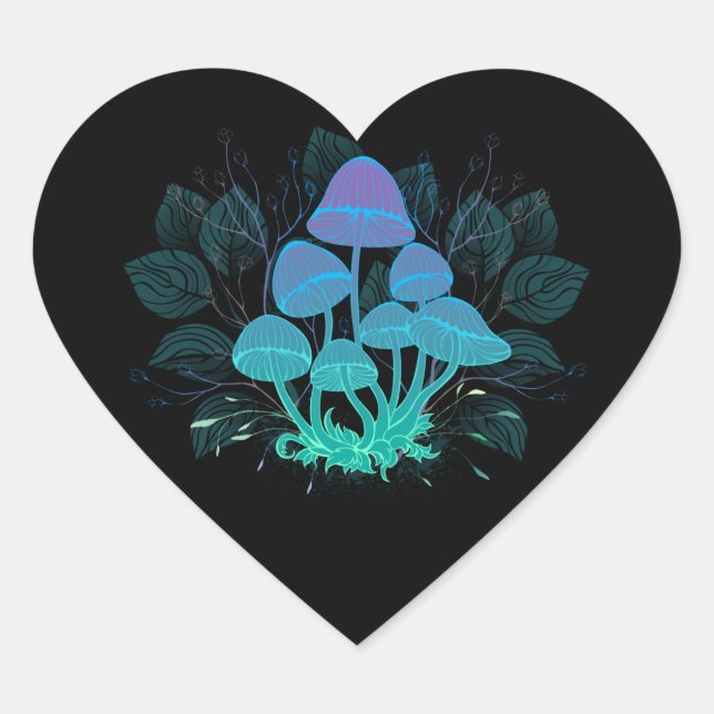 Toadstools in Bushes Heart Sticker (Front)