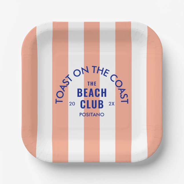 Toast On The Coast The Beach Club Pink Stripe Paper Plate (Front)