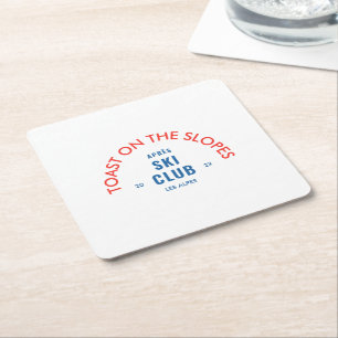 Toast On The Slopes Après Ski Club Red & Blue Square Paper Coaster