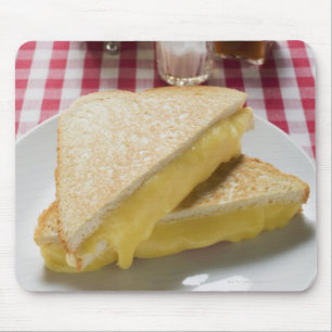 Toasted cheese sandwiches on plate, vinegar, mouse mat