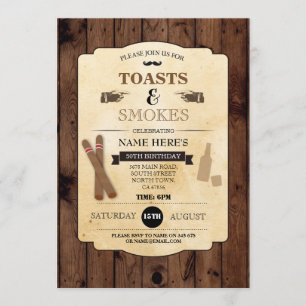 Toasts & Smokes Wood Birthday Party 50th Invite