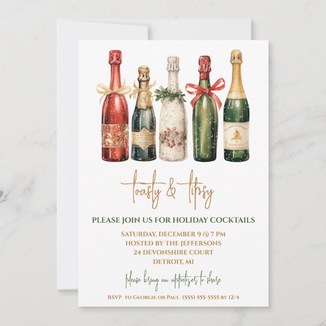 Toasty & Tipsy, Champagne Holiday Cocktail Party Invitation (Front)
