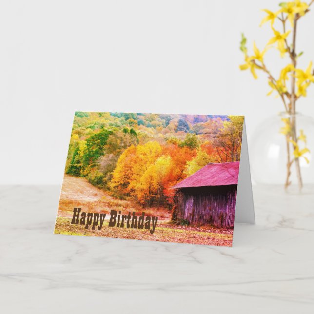 Tobacco Barn Fall Foliage Art Birthday Card (Yellow Flower)