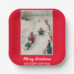 Tobogganing" chromolithograph- Christmas Holiday Paper Plate