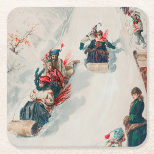 "Tobogganing", Chromolithograph, Louis Prang & Co. Square Paper Coaster
