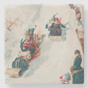 "Tobogganing", Chromolithograph, Louis Prang & Co. Stone Coaster