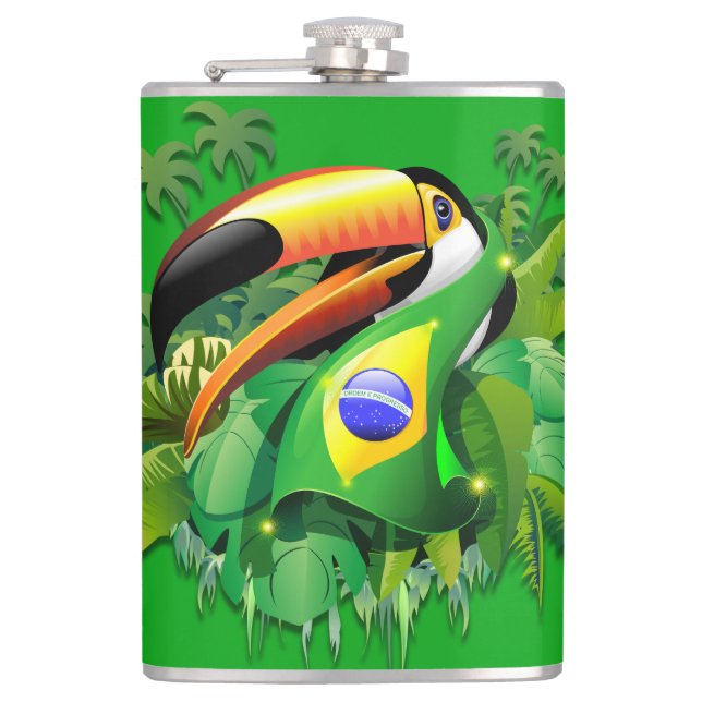 Toco Toucan with Brazil Flag  Hip Flask (Front)