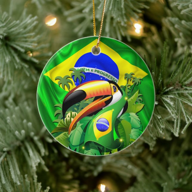 Toco Toucan with Brazil Flag Tie Ceramic Tree Decoration (Tree)