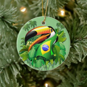 Toco Toucan with Brazil Flag Tie Ceramic Tree Decoration