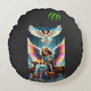 TOCOCLAWS Guardian Angels & Woodland Deer Fantasy Round Cushion