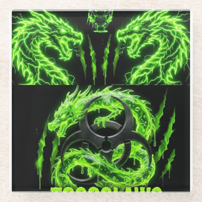 TOCOCLAWS Twin Neon Green Lightning Dragons  Glass Coaster (Front)