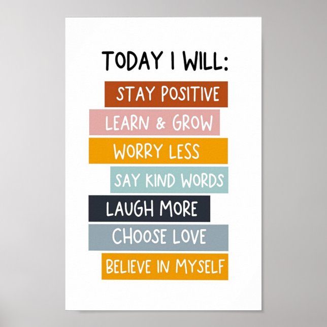 Today I Will Motivational Posters, Kids Positive Poster (Front)