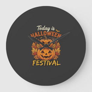 Today Is Halloween Festival Stacked Pumpkins Spide Large Clock