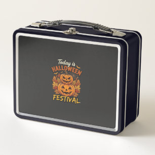 Today Is Halloween Festival Stacked Pumpkins Spide Metal Lunch Box