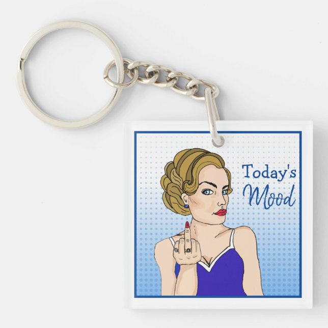 Today's Mood, Retro Lady Flipping the Bird  Key Ring (Front)