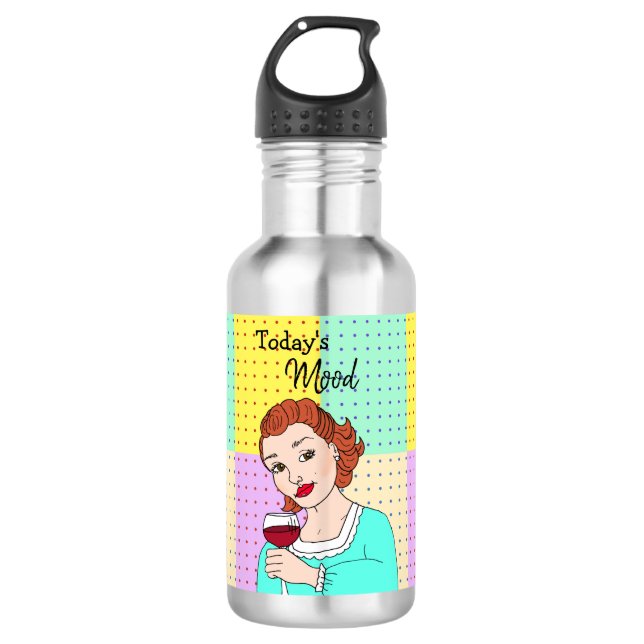 Today's Mood, Retro Lady Holding Wine  532 Ml Water Bottle (Front)