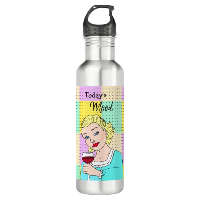 Today's Mood, Retro Lady Holding Wine   710 Ml Water Bottle (Front)