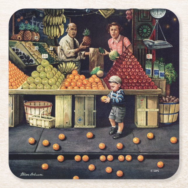 Toddler and Oranges Square Paper Coaster (Front)