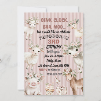 Toddler girls farm animal birthday invitation 