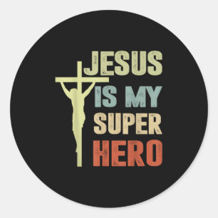 Toddler Jesus Is My Superhero Christian God Son Br Classic Round Sticker