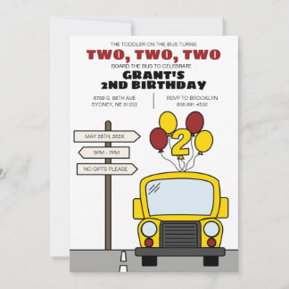 Toddler on the Bus Turns Two Kid's 2nd Birthday Invitation