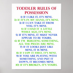 Toddler's Rules Of Possession Funny Poster Sign
