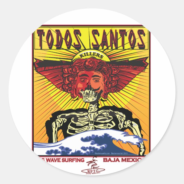 TODOS SANTOS BAJA MEXICO SURFING CLASSIC ROUND STICKER (Front)
