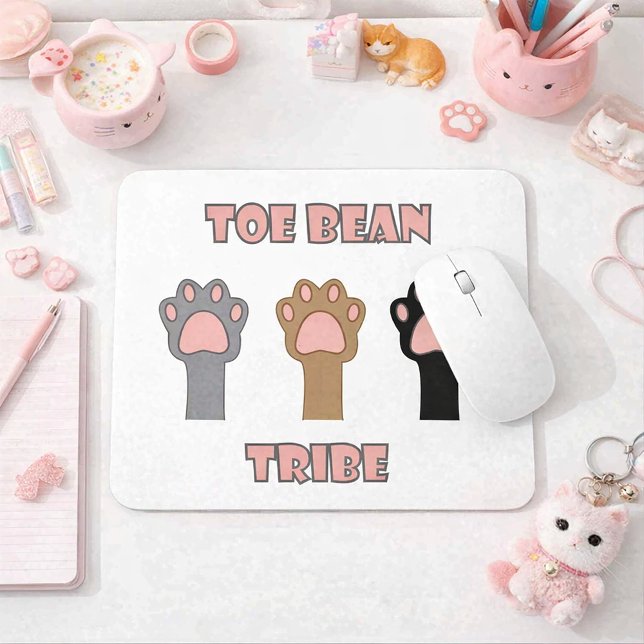 Toe Bean Tribe Cute Kitty Cat Paws Pink Mouse Mat (A mouse pad with three cat paws and the words toe bean tribe in pink and gray letters.)