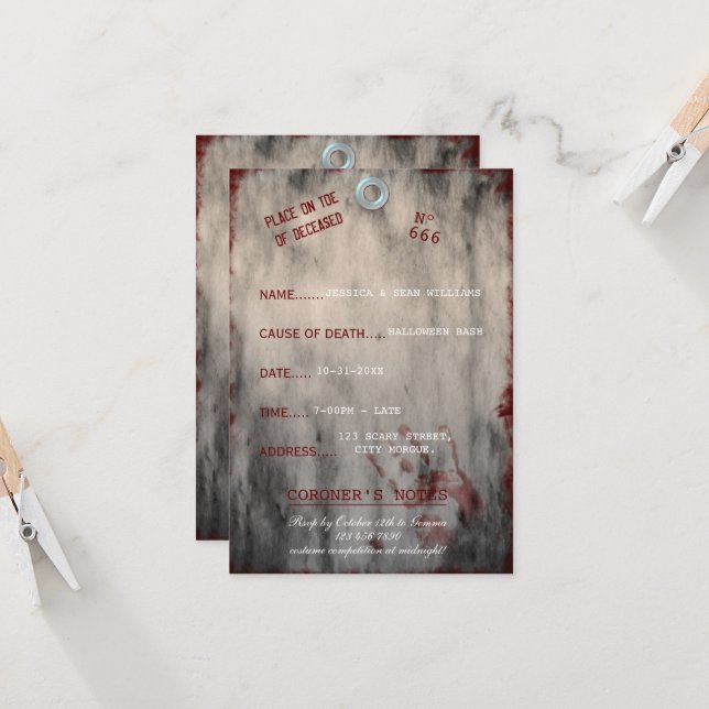 Toe Tag Halloween Party Invitation (Front/Back In Situ)