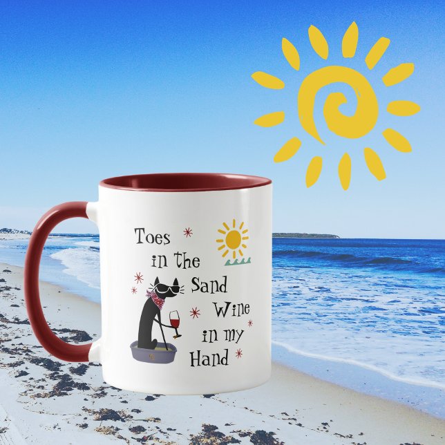 Toes in the Sand Wine in My Hand Funny Beach Cat Mug (Creator Uploaded)