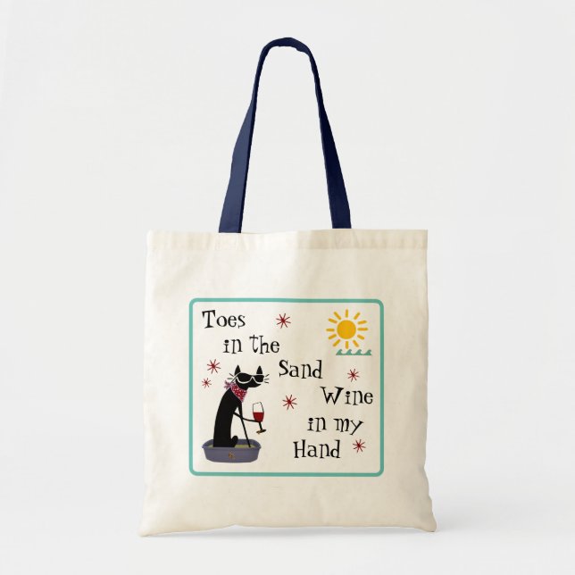 Toes in the Sand Wine in My Hand Funny Beach Cat Tote Bag (Front)