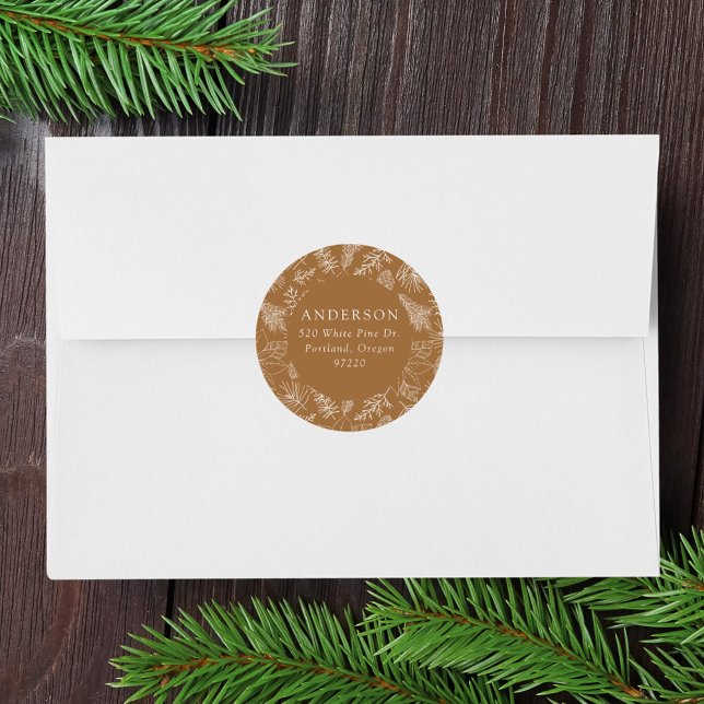 Toffee Poinsettias and Pinecones Return Address Classic Round Sticker (Creator Uploaded)