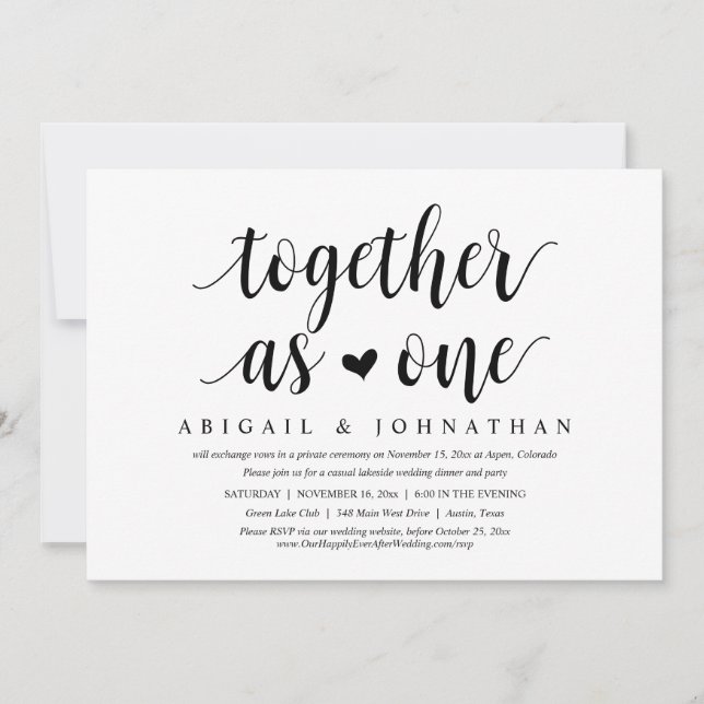 Together as one, Wedding Elopement Dinner Party Invitation (Front)