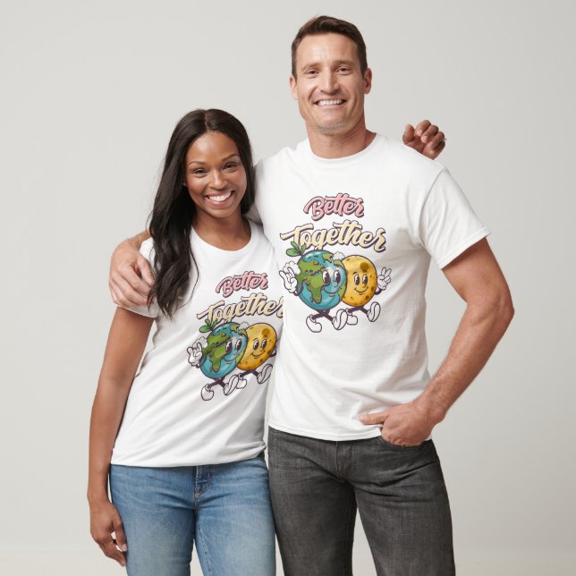 Together Earth and Moon - Retro Cartoon Graphic T-Shirt (Unisex)