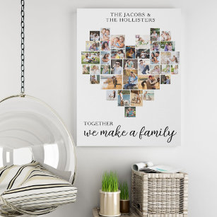 Together Family Love Heart Shape 36 Photo Collage Faux Canvas Print