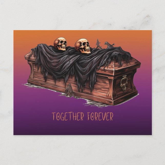 Together Forever Casket Skulls Purple Halloween Holiday Postcard (Front)